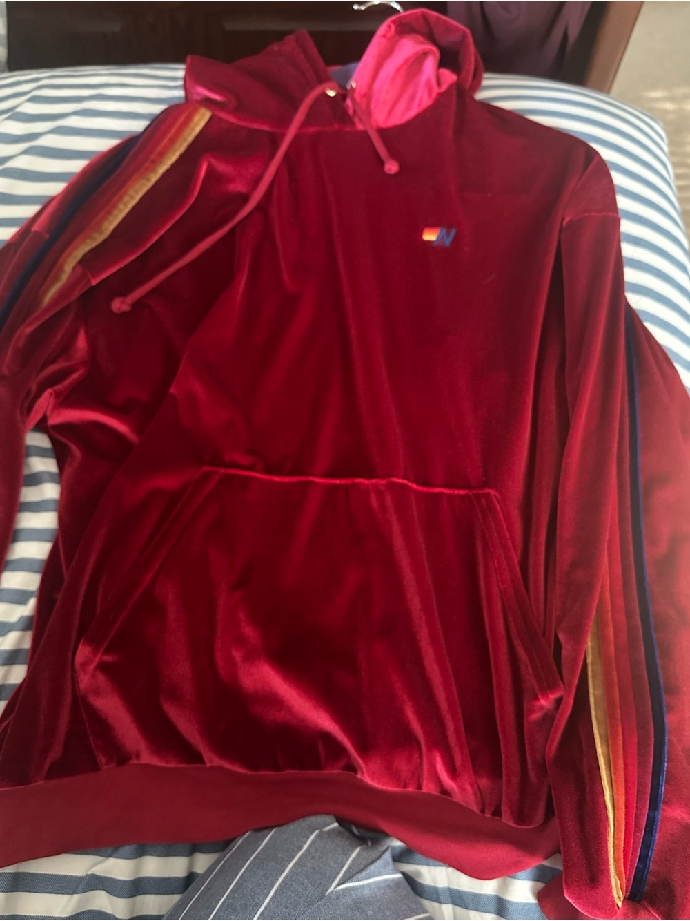 Aviator Nation Velvet Hoodie with Rainbow Sleeve Stripes - Size L